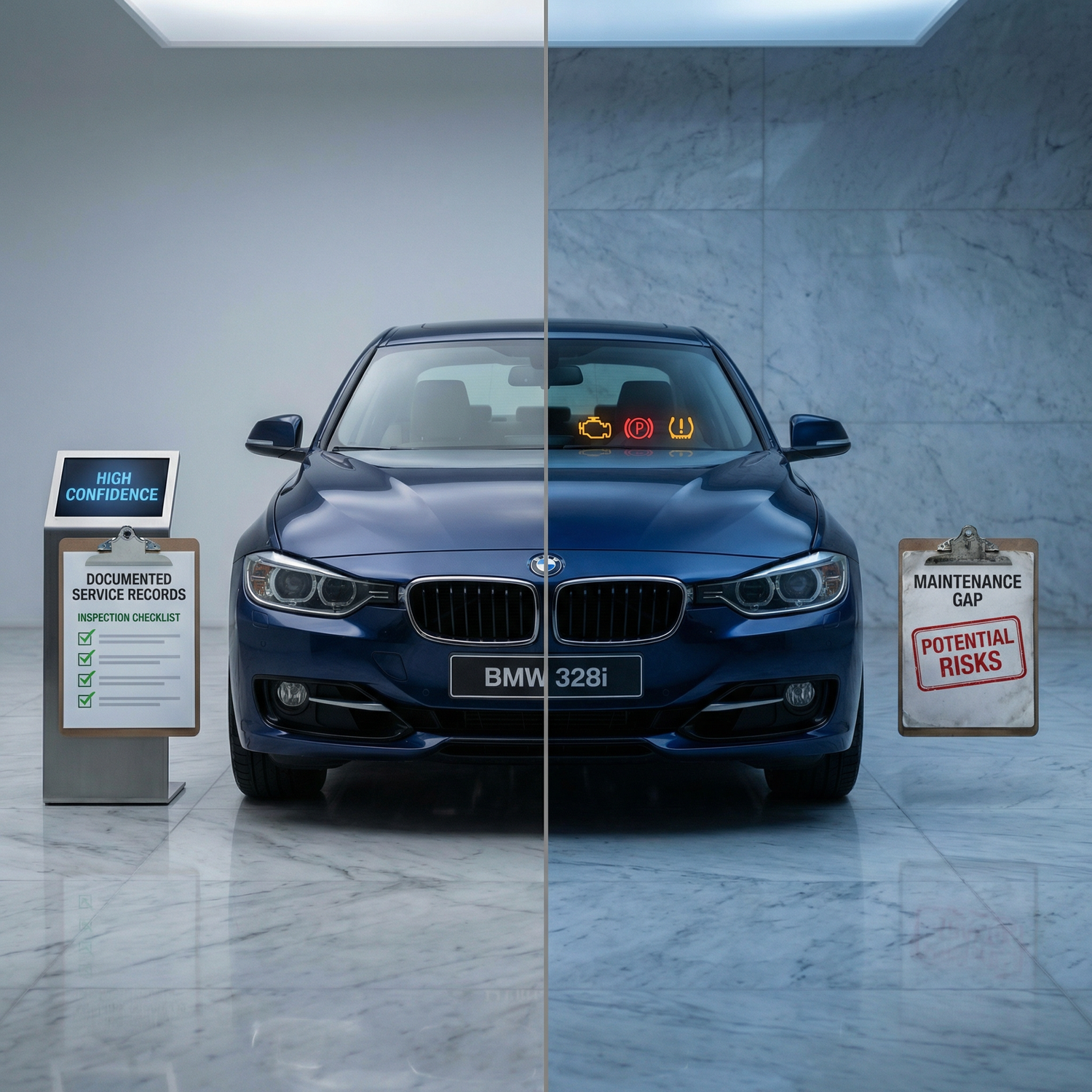 Blue car on a reflective floor, split into two sections, one with diagnostic warning lights, and the other with a list with green checkmarks