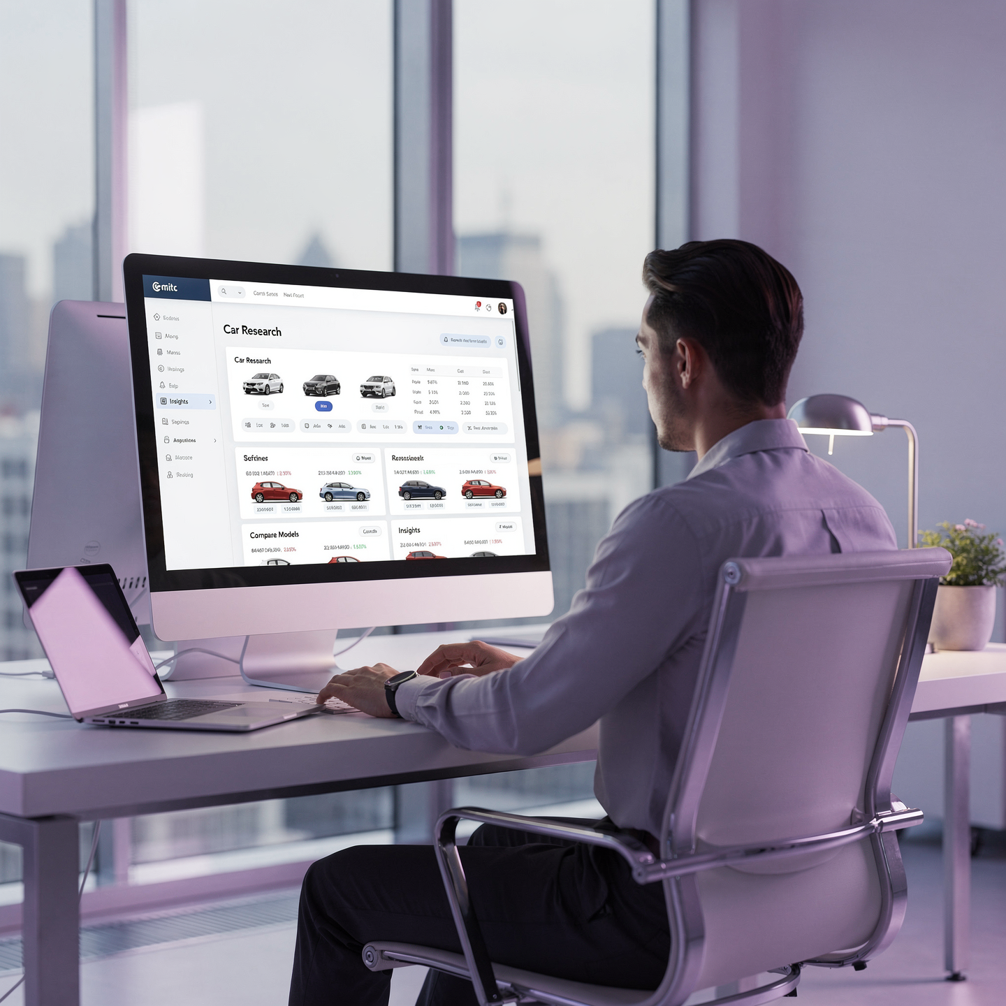 Person sitting at a desk using a computer with a car research software on the screen.