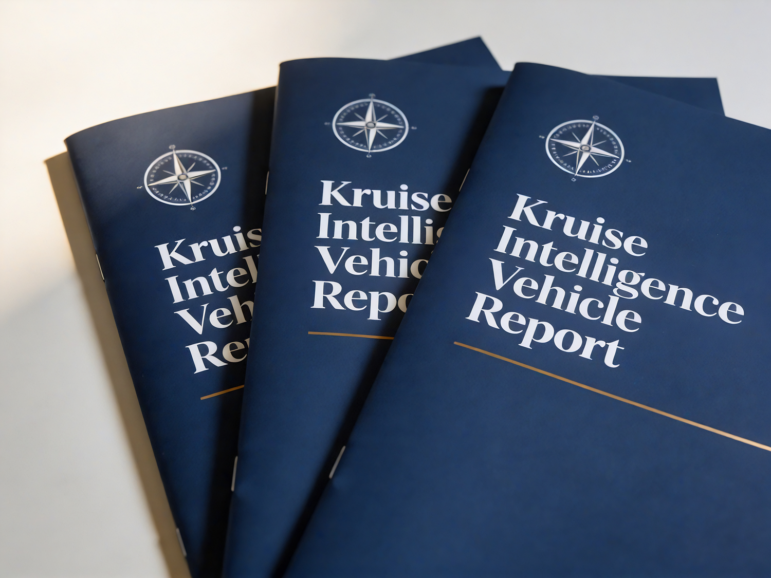 Three copies of 'Kruise Intelligence Vehicle Report' represented as physical booklets on a light background