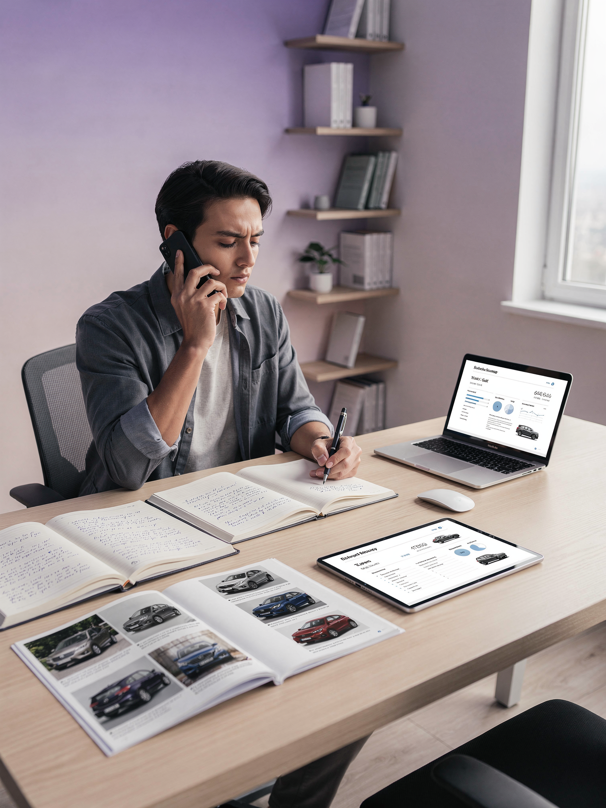 Man sitting at a desk with books, laptop, tablet, and phone in a home office setting researching used cars