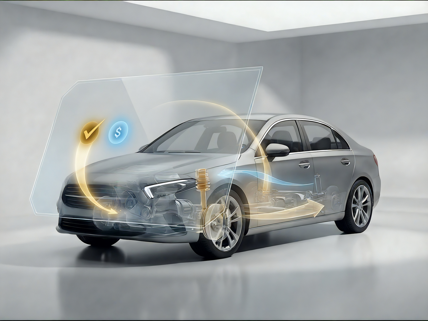 Car with a transparent hood showing internal components and a transparent diagnostic overlay portraying checkmarks and dollar signs on a gray background