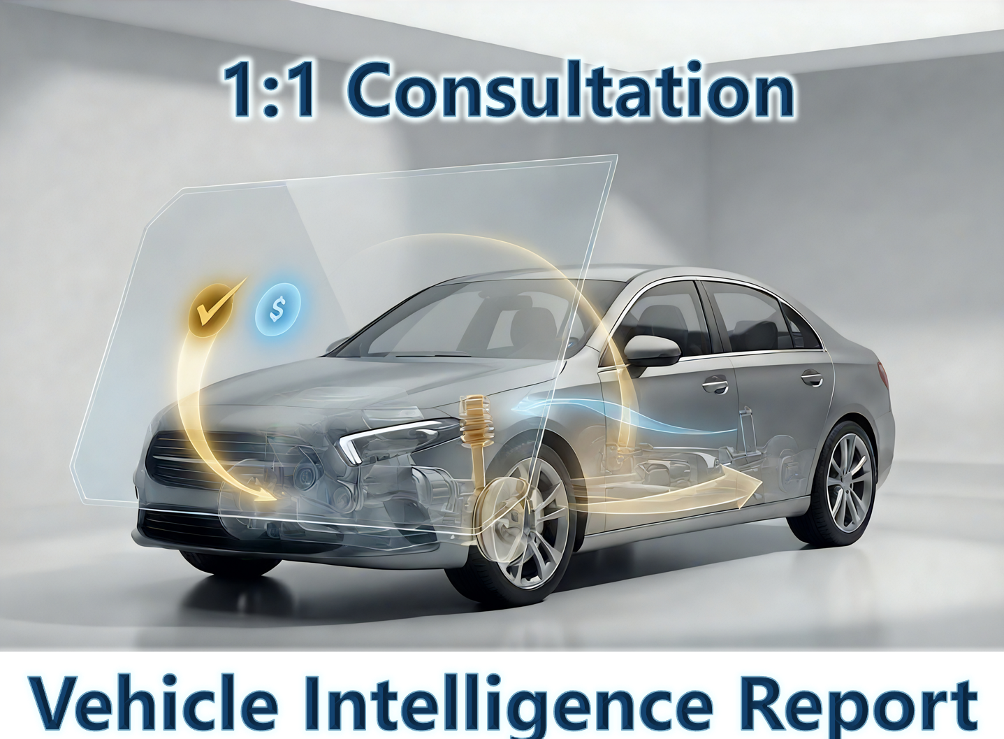 Car with transparent body showing internals, with transparent overlay with checkmarks and dollar signs, with a vehicle intelligence report and consultation text on a gray background