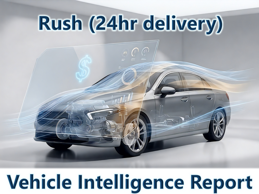 Car with transparent body showing internals, aerodynamic lines flowing, and transparent overlay with diagnostics, with vehicle intelligence report and rush 24hr delivery text on a gray background
