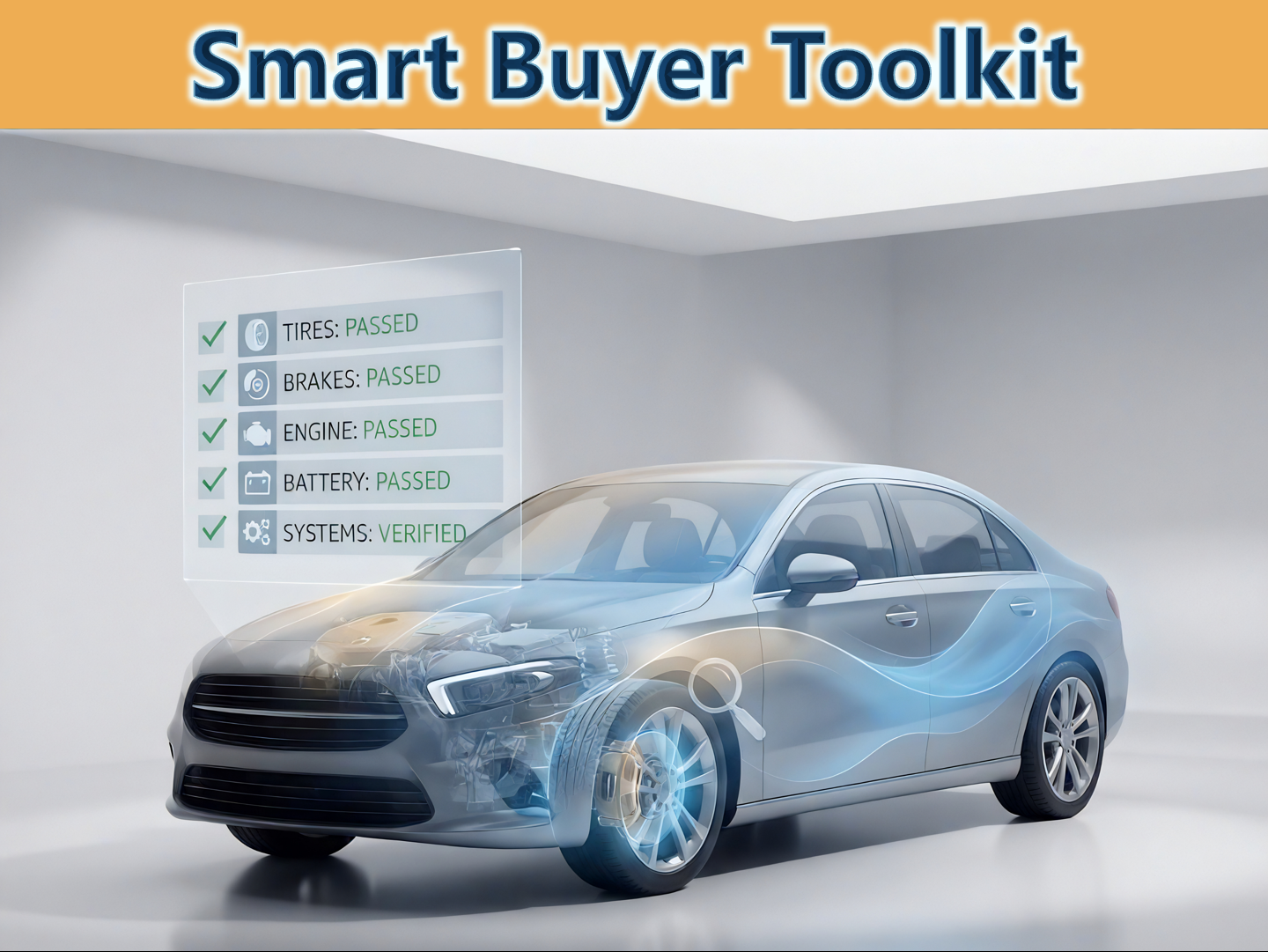 Car with transparent hood and a diagnostic checklist overlay, with a 'Smart Buyer Toolkit' graphic on a white background