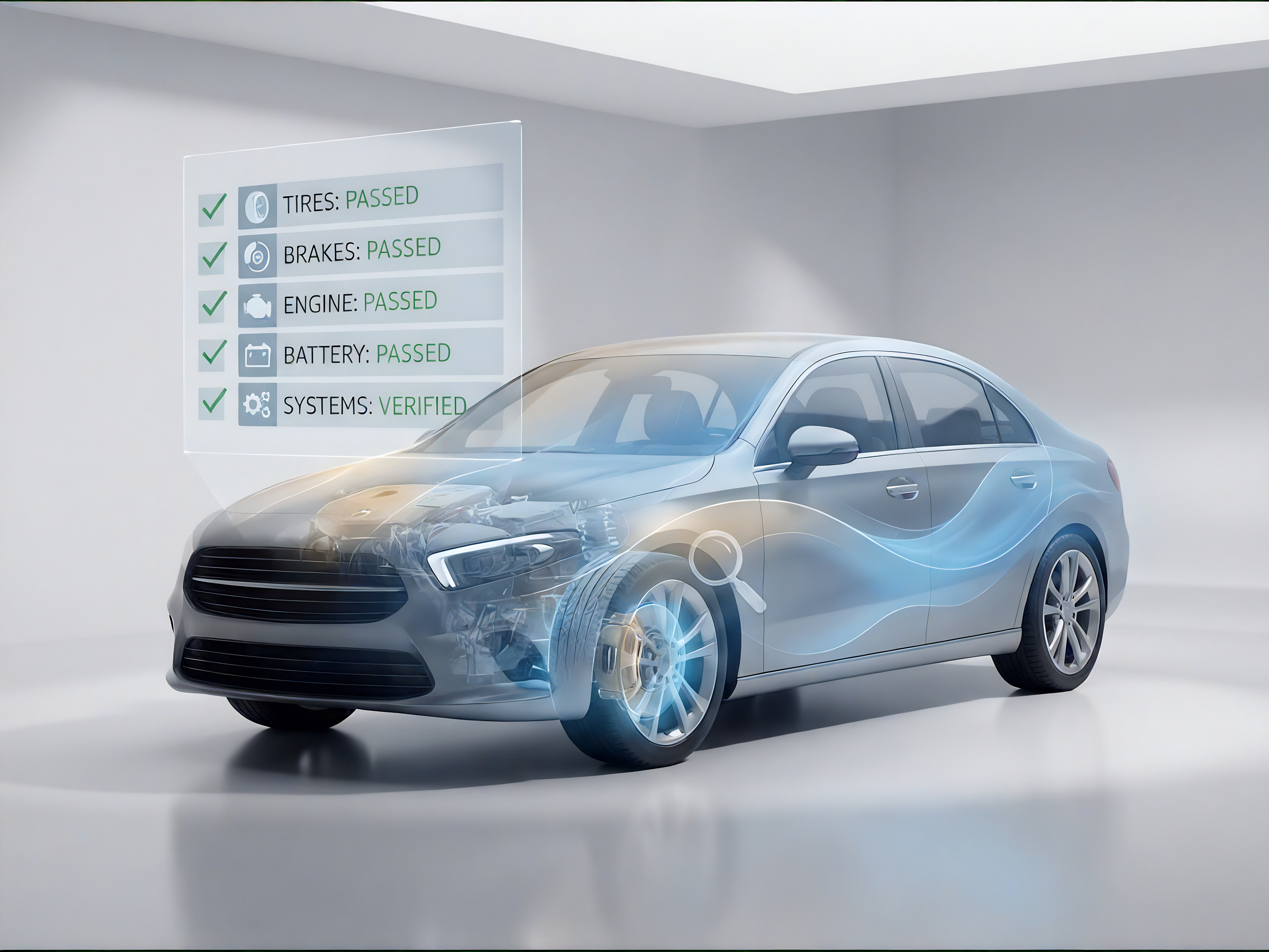 Car with a digital checklist on a white background