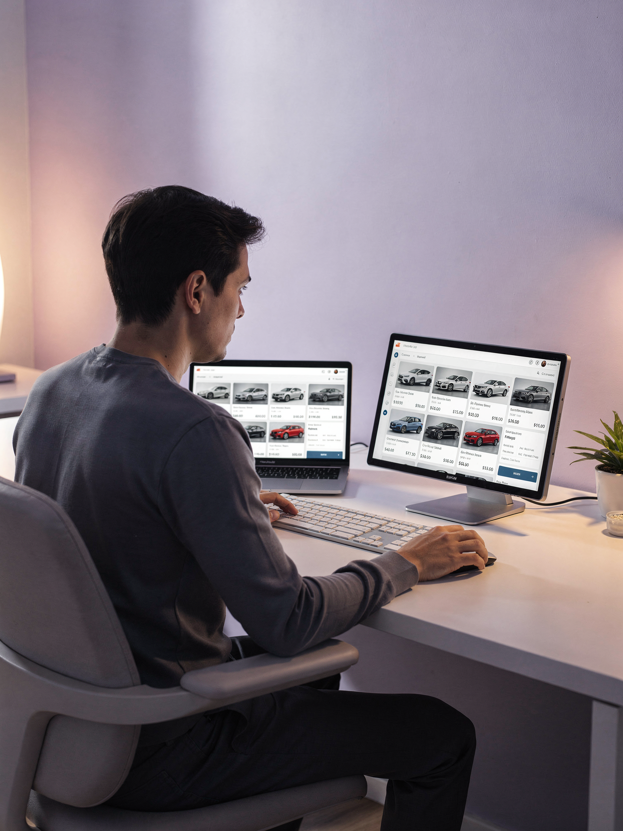 Used car buyer comparing multiple car online listings on dual monitors