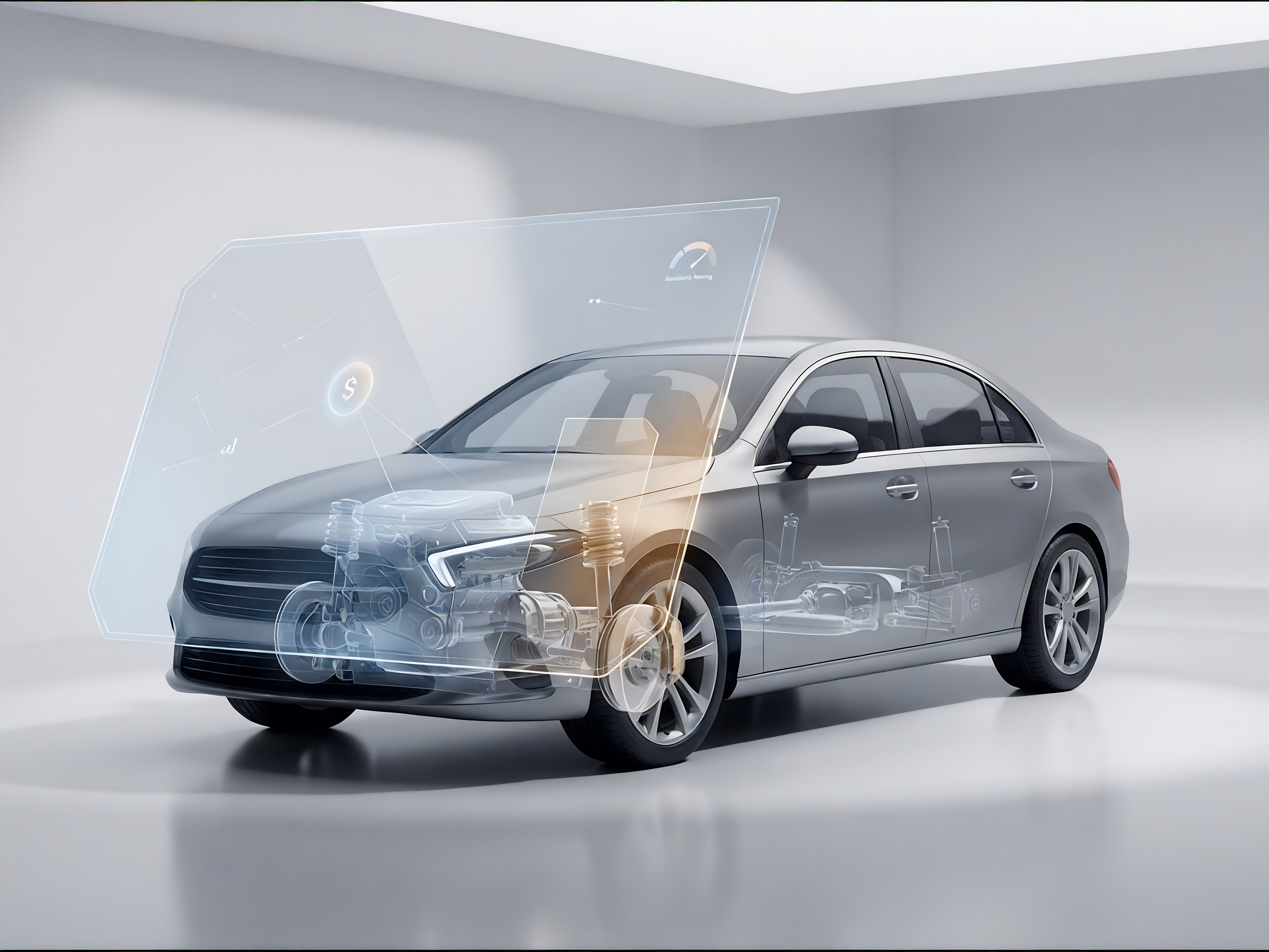 Car with transparent hood showing internal components and a diagnostic transparent overlay on a white background