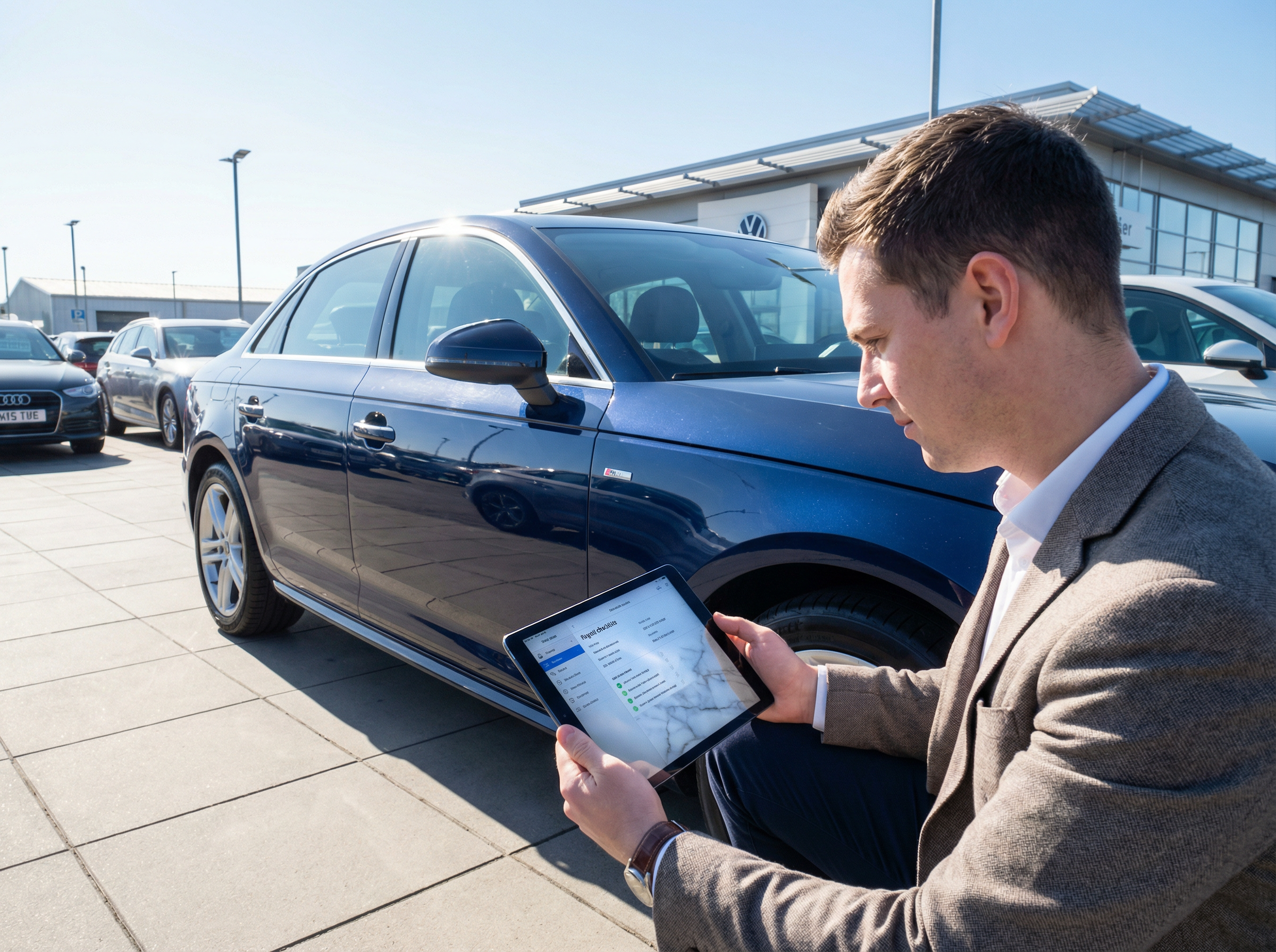 Used car buyer reviewing a vehicle research report on a tablet next to a dealership car
