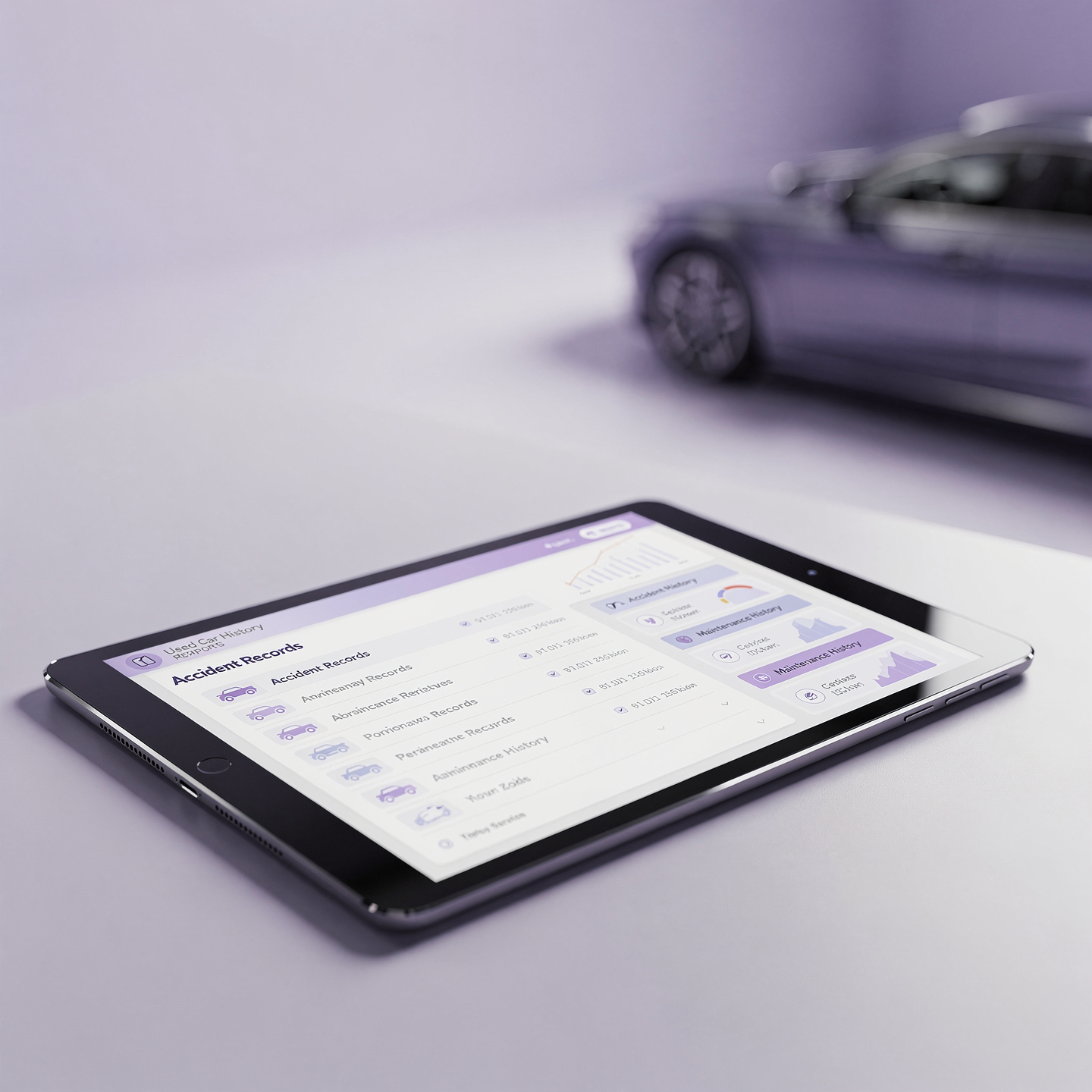 Tablet on a white surface with vehicle records, with the corresponding vehicle blurred in the background
