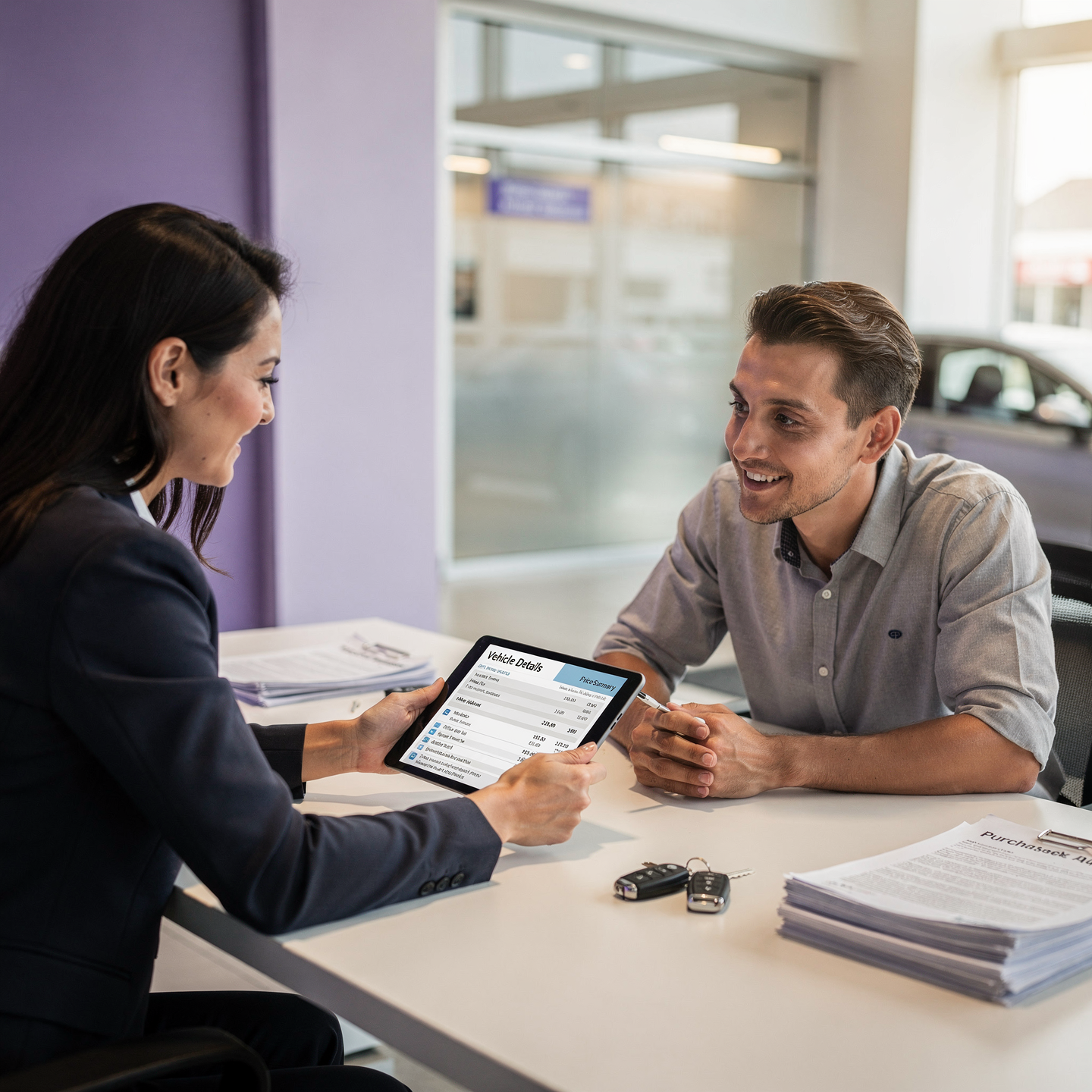 Two smiling people in a car dealership discussing vehicle details with a tablet.